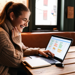**Image Prompt:** A person smiling and working on a laptop at a cozy coffee shop, surrounded by notes and a planner. The scene should convey productivity, focus, and the excitement of building a side hustle. Include a latte on the table and warm, inviting lighting. The laptop screen shows lines of code or a design project.