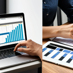 **A person overwhelmed at a desk covered in papers, laptop displaying a complex spreadsheet, but then a split-screen showing the same person relaxed and smiling, using a single automation tool on a tablet. The imagery should convey a before-and-after transformation of time management.**