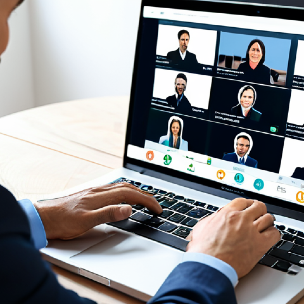 Virtual Conference Networking**

"A professional attending a virtual conference in a well-lit home office, fully clothed in business casual attire, participating in a networking session on a laptop. Background shows a virtual conference platform interface with multiple attendees. Safe for work, appropriate content, professional, perfect anatomy, correct proportions, natural pose, well-formed hands, proper finger count, natural body proportions, high quality."

**