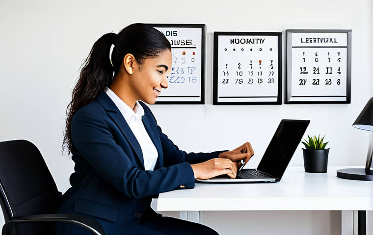 Time Blocking for Side Hustle Success**
A woman wearing a modest, professional outfit (e.g., a blouse and skirt, or a blazer and slacks), sitting at a clean, modern desk. She's looking at a well-organized digital calendar on her laptop, highlighting time blocks dedicated to her side hustle. The background includes a bright, tidy home office setting with motivational artwork on the walls. Focus on conveying organization, productivity, and a calm, focused atmosphere. Fully clothed, appropriate attire, safe for work, professional, perfect anatomy, correct proportions, natural pose, well-formed hands, proper finger count, natural body proportions, high quality.
**
