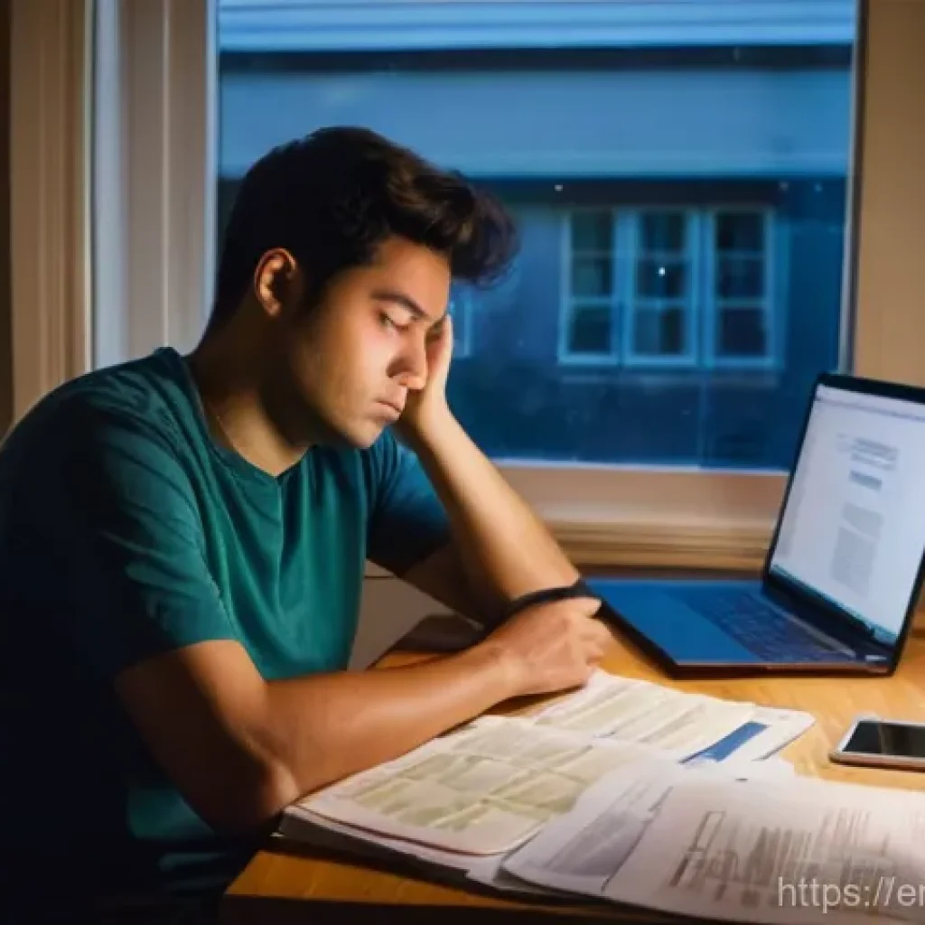 부업의 사회적 책임과 윤리적 고려 - **Prompt:** A young adult, looking thoughtfully stressed and slightly overwhelmed, sits at a home de...