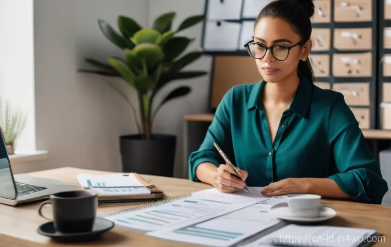 부업 아이디어의 상업적 가능성 분석 - A determined individual, mid-30s, dressed in a sharp business casual blazer over a fitted top, sits ...