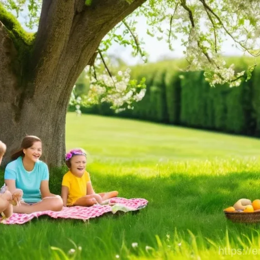 부업의 지속적인 성장을 위한 전략 - A joyful family picnic in a sunny park on a warm spring day. The scene features a mother, father, an...
