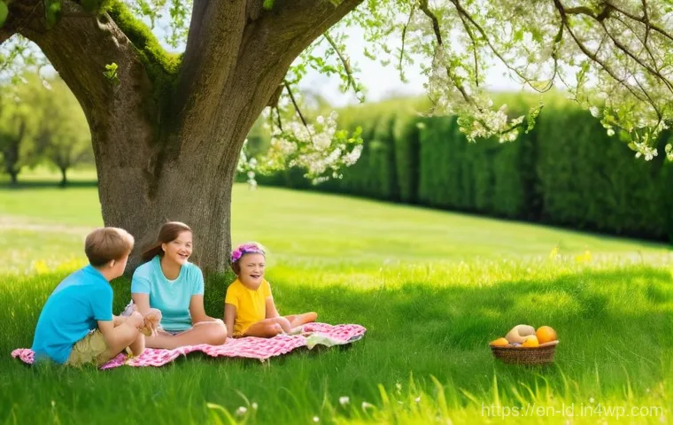 부업의 지속적인 성장을 위한 전략 - A joyful family picnic in a sunny park on a warm spring day. The scene features a mother, father, an...