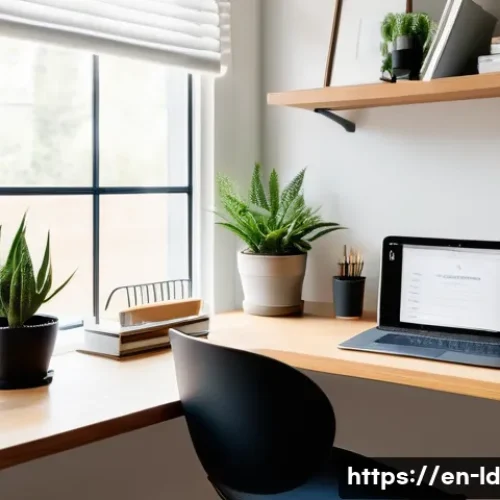 Home 31 부업으로 인한 정신적 스트레스 관리 - A bright, modern home office nook with a small wooden desk, ergonomic chair, laptop, and organized s...