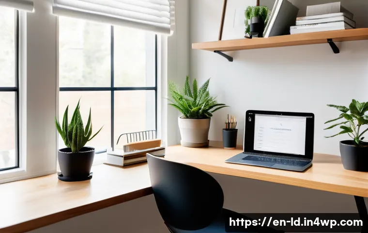 부업으로 인한 정신적 스트레스 관리 - A bright, modern home office nook with a small wooden desk, ergonomic chair, laptop, and organized s...