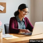 Home 18 부업에서의 고객 경험 향상 방안 - A warm, inviting small business owner sitting at a cozy wooden desk in a sunlit room, typing persona...