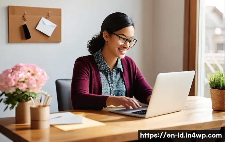 부업에서의 고객 경험 향상 방안 - A warm, inviting small business owner sitting at a cozy wooden desk in a sunlit room, typing persona...
