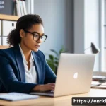 Home 23 부업에서의 성과 관리 기법 - A focused young professional woman sitting at a modern home office desk during early morning hours, ...