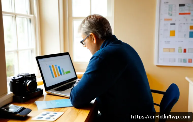 Home 17 자신에게 맞는 부업 찾는 법 - Photorealistic home workspace scene of a middle-aged adult thoughtfully choosing a suitable side hus...