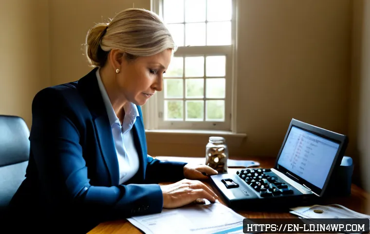 부업의 위험 관리 방법 - Photorealistic home office scene illustrating side hustle risk management, a focused middle-aged fre...